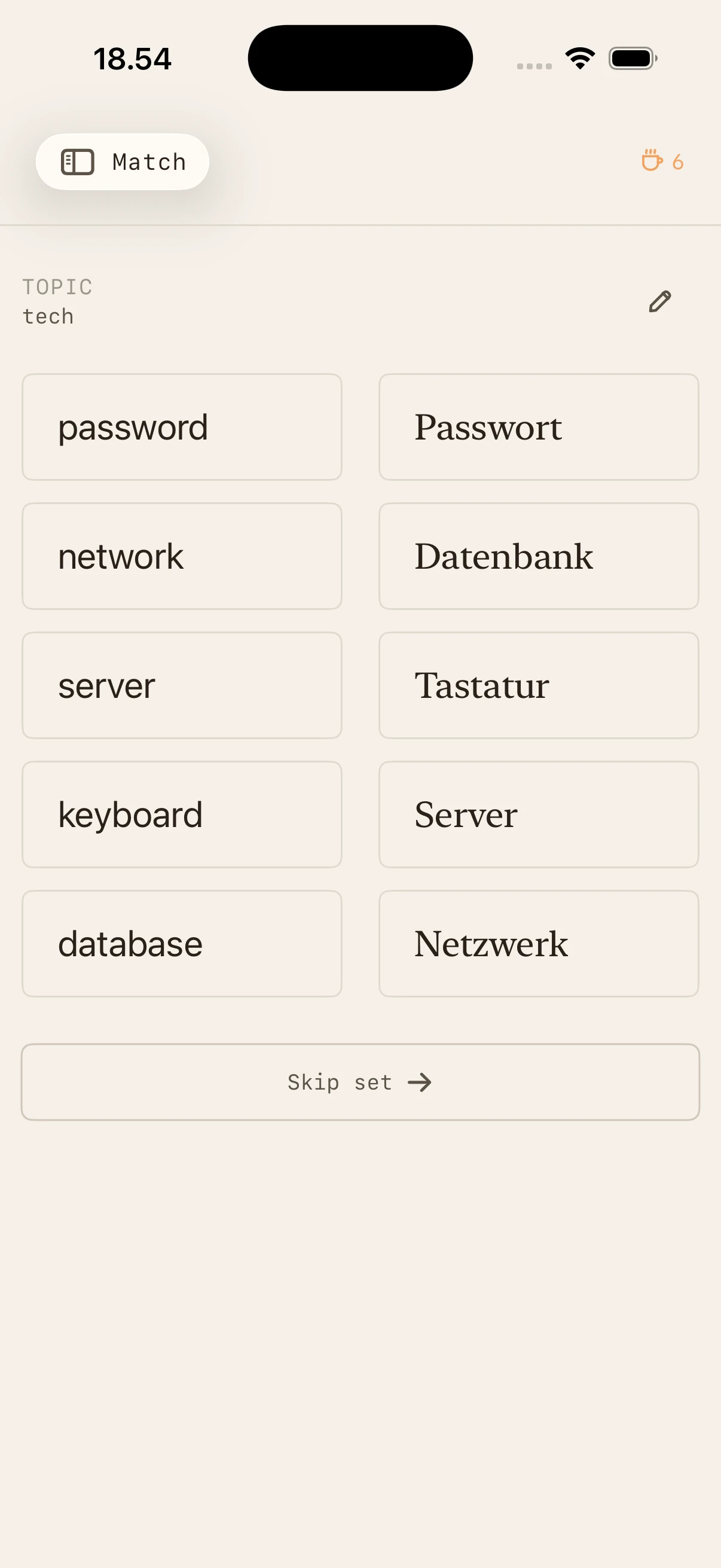 Fika Lingo matching board on iPhone