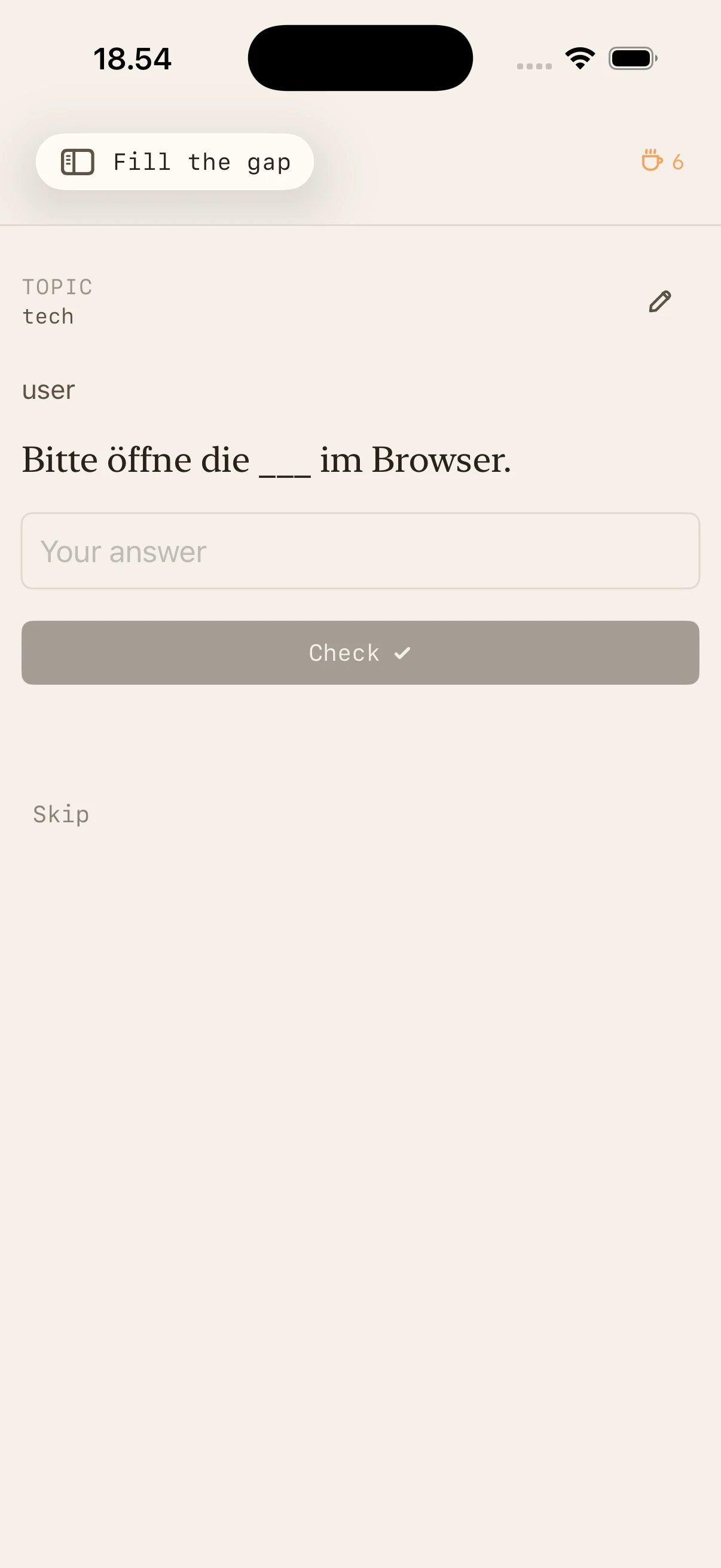 Fill-the-gap exercise with a German sentence
