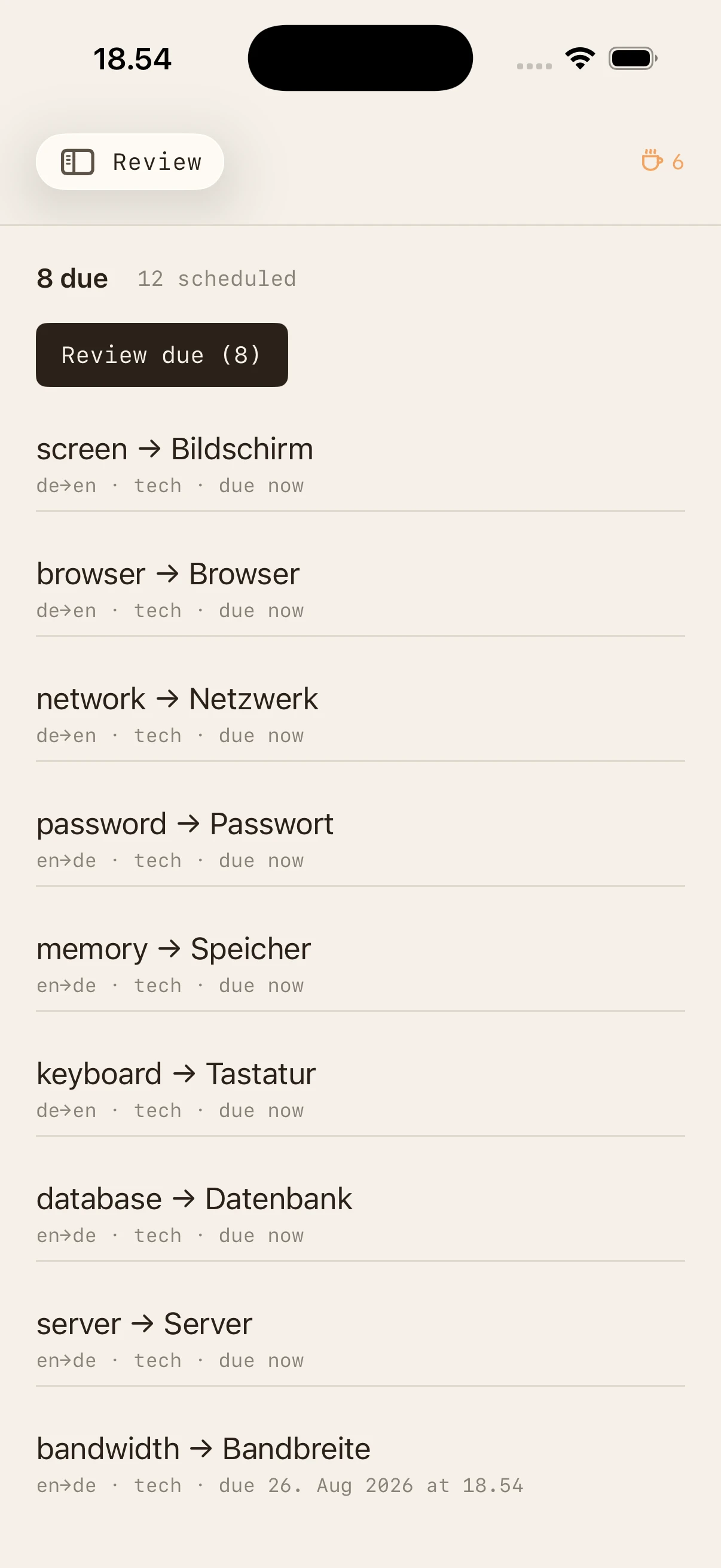 Review list of due words stored on this device
