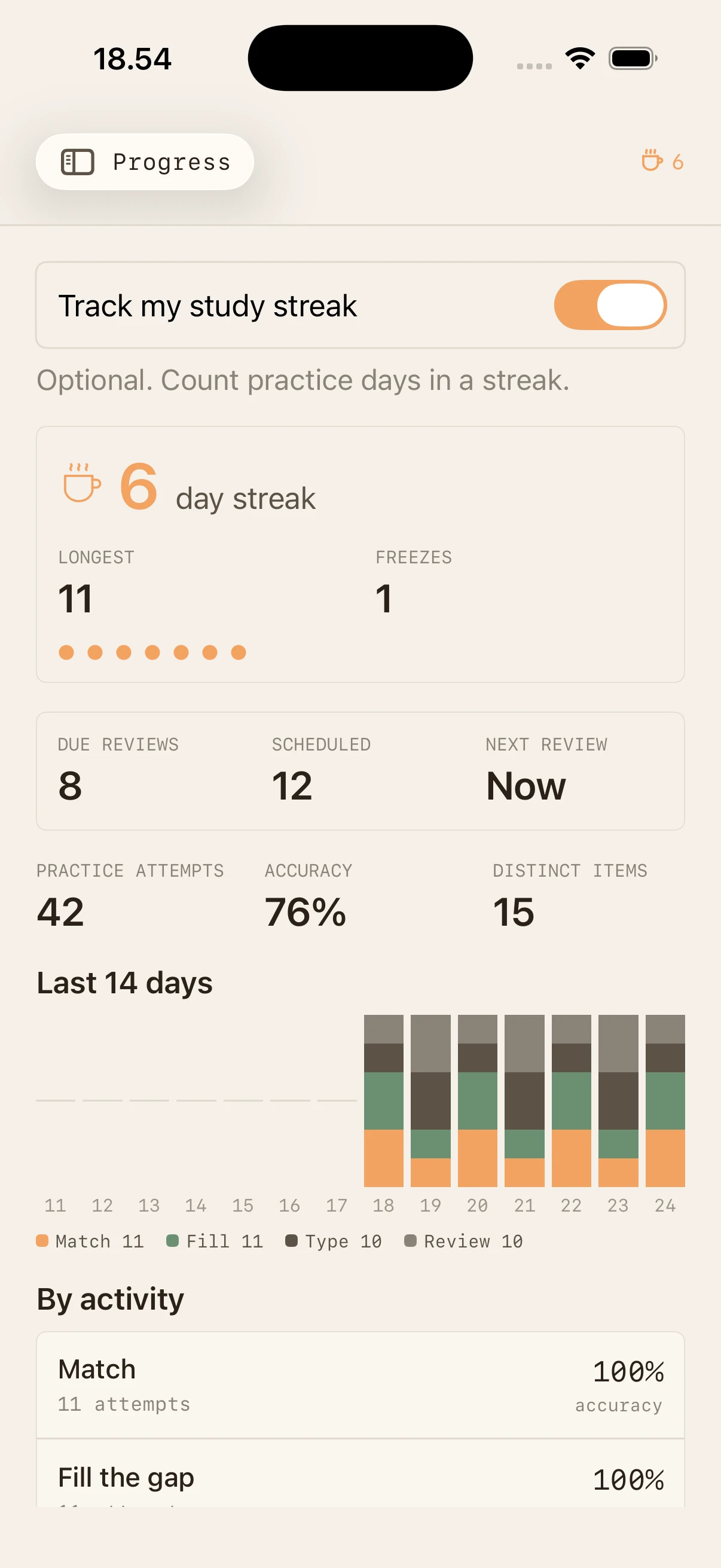 Progress screen with a six-day streak