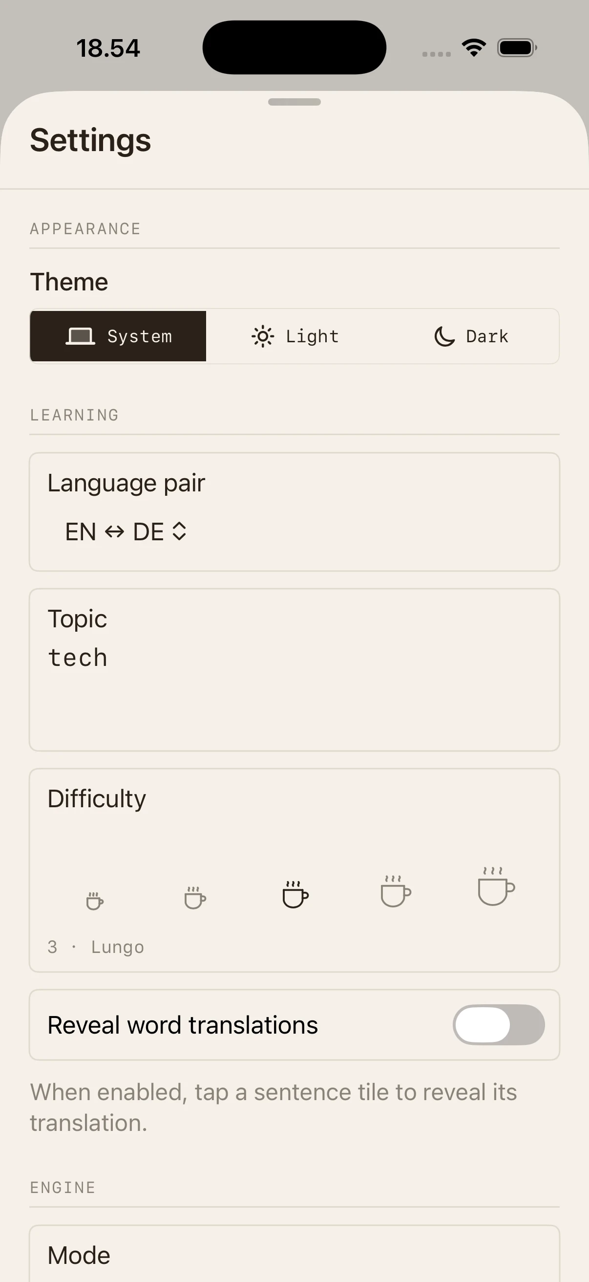 Settings showing the on-device Auto engine
