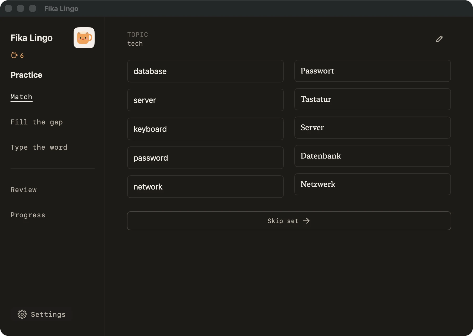 Fika Lingo matching board in the macOS app